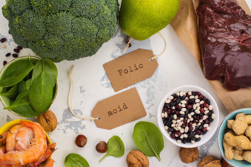 Nutritious foods and tags reading "folic acid"
